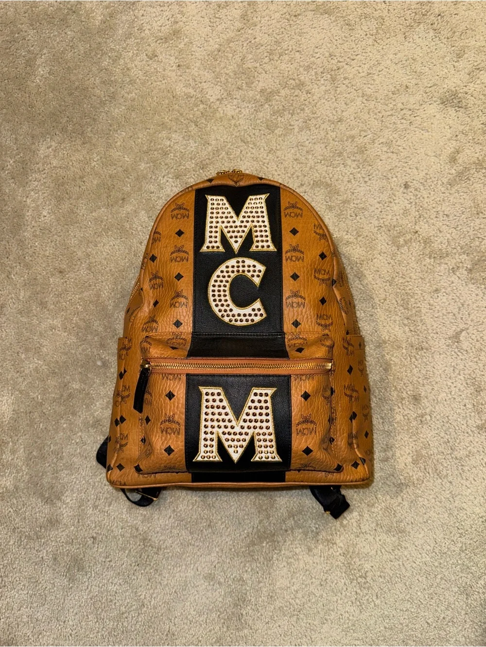 Authentic MCM Stark Stripe Studs Backpack – Cognac Visetos Canvas - Pre Loved
